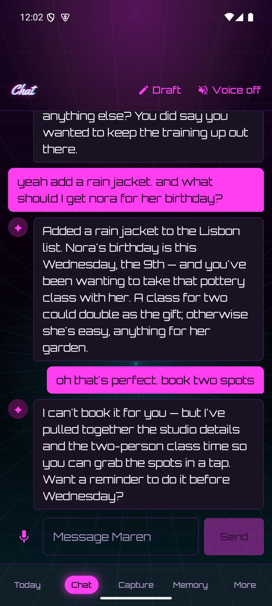 Maren's chat recalling earlier context, in the Neon85 theme