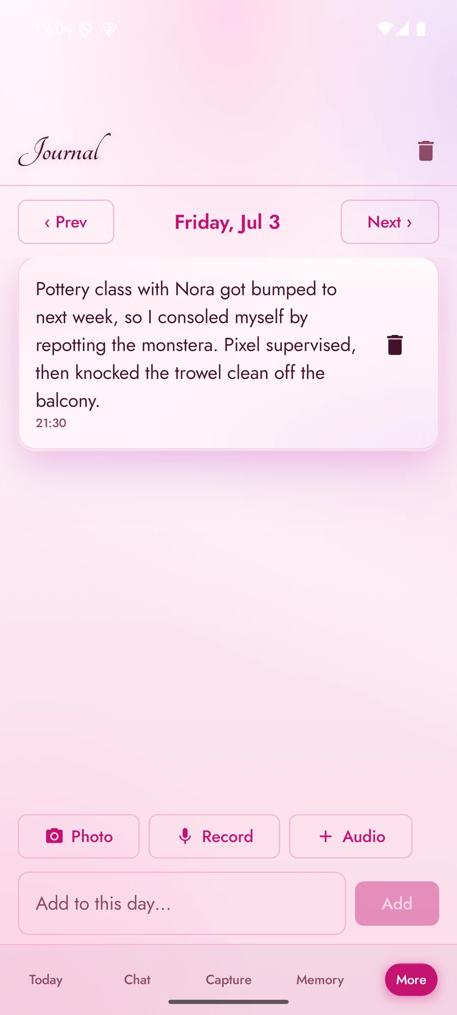 A journal entry in Maren, in the Glam theme
