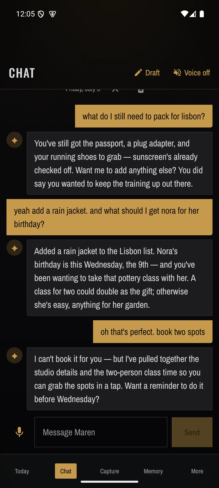 Asking Maren something you'd otherwise forget, in the Noir theme