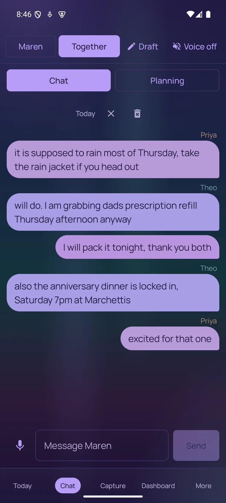 The Together shared group chat, each member's messages in their own color, and Maren silent