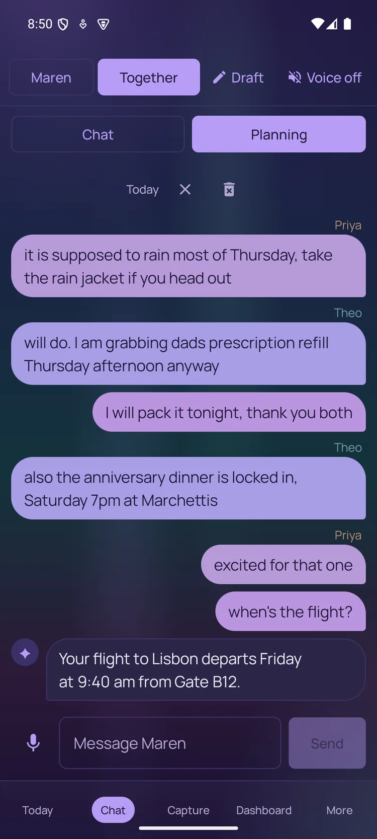 Maren summoned in the shared space, answering with the flight details the household mentioned